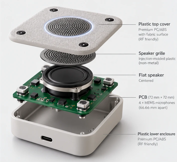 Exploded product concept showing the plastic cover, speaker grille, flat speaker, microphone PCB and lower enclosure