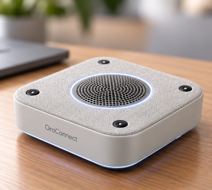 OroConnect tabletop device concept with a central speaker grille and a soft blue light ring