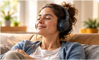A woman listening through over-ear headphones